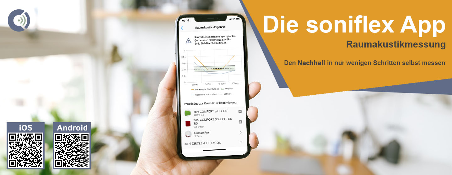 Werbung für kostenlose soniflex App zur Raumakustikmessung